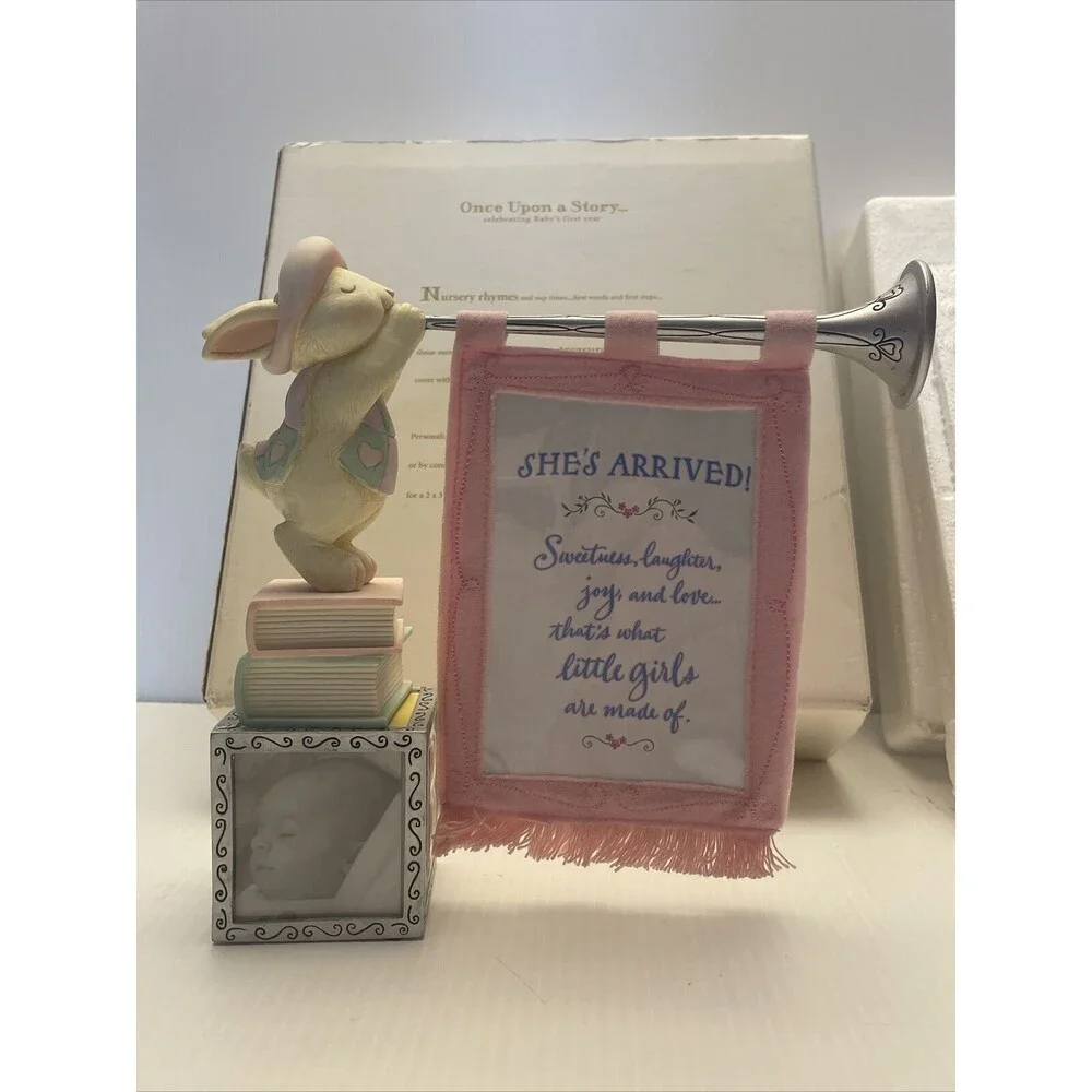 Hallmark Baby Girl  Keepsake Photo Cube Bunny With Banner Trumpet New Open Box